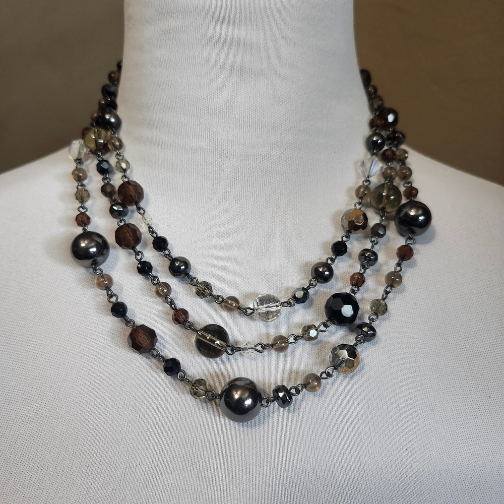 Lia Sophia Multi Strand Beaded Necklace Bronze‎ Brown Black Costume Jewelry